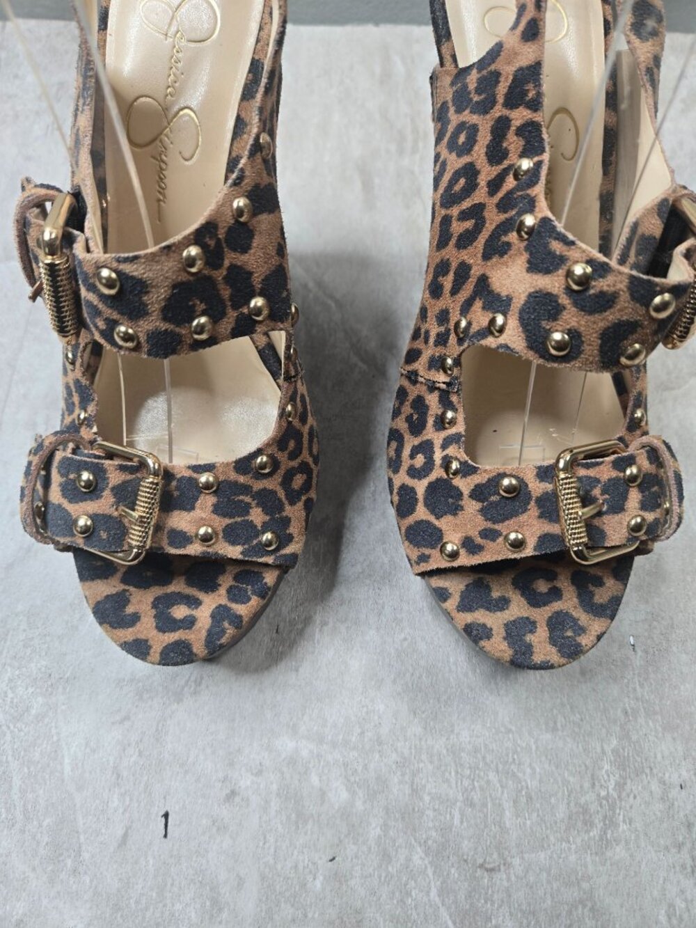 Platform Wedge Sandals 8.5 Leopard Print Peep Toe Studded Buckle Y2k Retro Glam - Picture 10 of 12